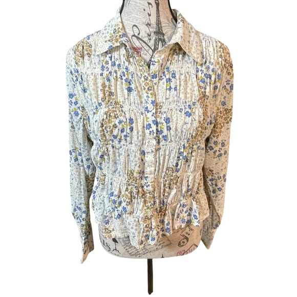 Future Collective Tops - Future Collective Chic Floral Button-Up Blouse - Blue and Cream